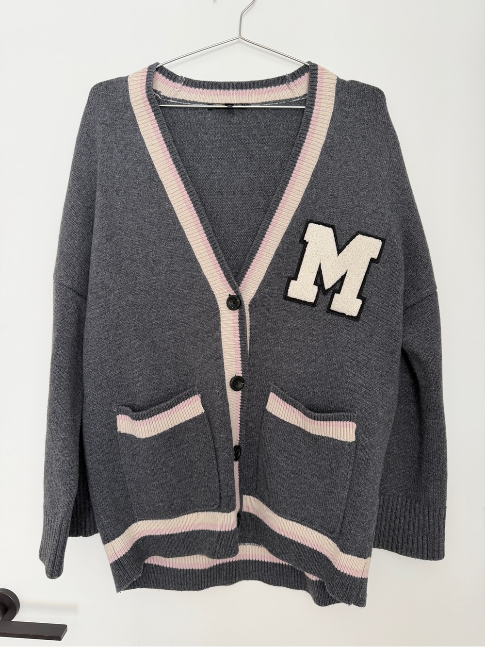 Maje Gray Cardigan with Pink and Cream Trim and 'M' Patch